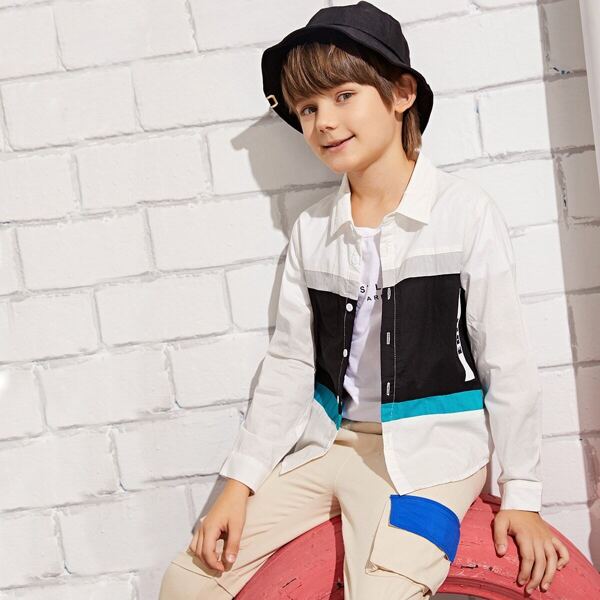 

Boys Letter Print Colorblock Shirt, Black and white