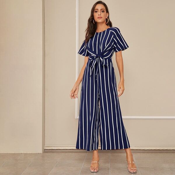 

Striped Tie Front Wide Leg Jumpsuit, Navy