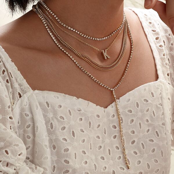 

Rhinestone Engraved Letter Charm Lariat Layered Necklace 1pc, Gold