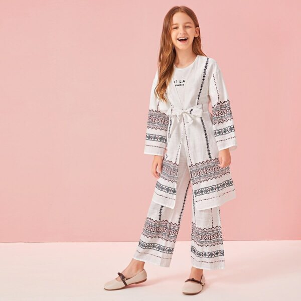 

Girls Tribal Belted Coat & Wide Leg Pants Set, White