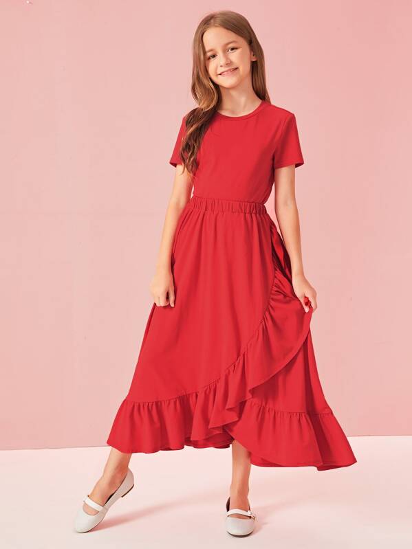

Girls Solid Top & Ruffle Trim Wrap Skirt Set, Red, Sashab