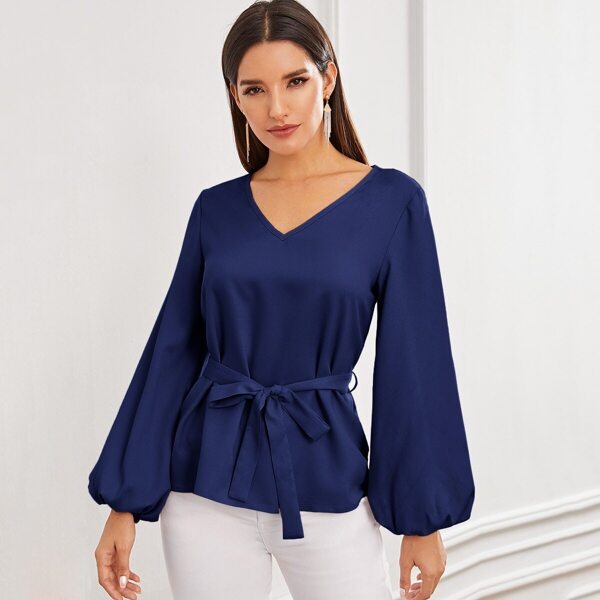 

Lantern Sleeve Belted Top, Navy