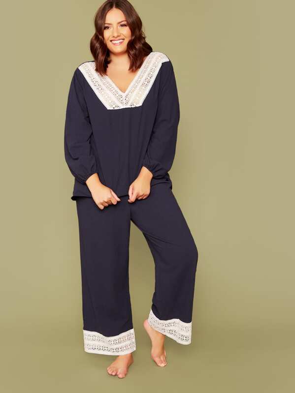 

Plus Guipure Lace Trim Top & Wide Leg Pants PJ Set, Navy, Marcelle Pallais
