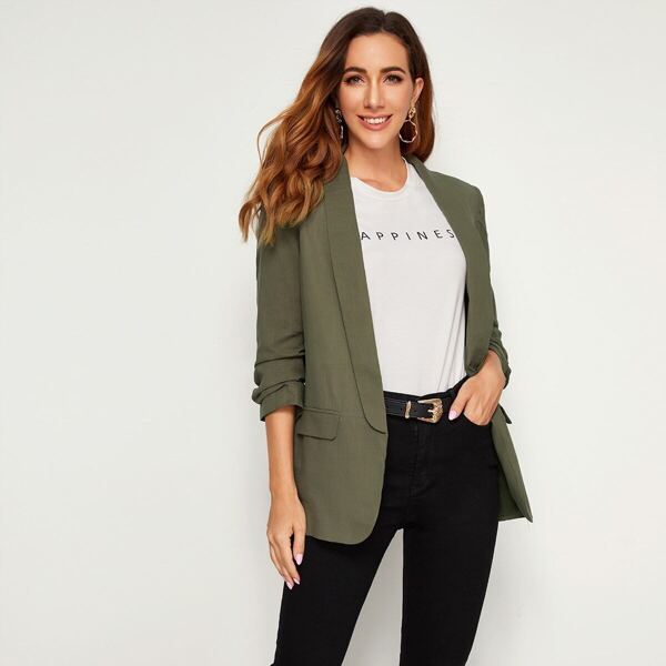 

Solid Shawl Collar Gathered Sleeve Blazer, Army green
