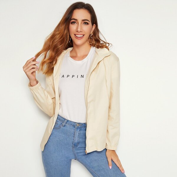 

Zip Up Drawstring Detail Jacket, Beige pastel