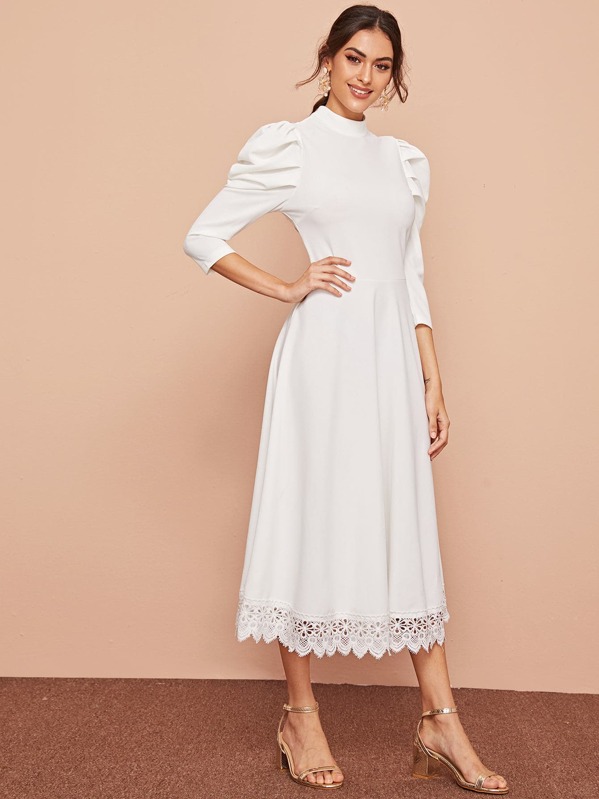

Mock-Neck Puff Sleeve Guipure Lace Hem Flared Dress, White, Carol A
