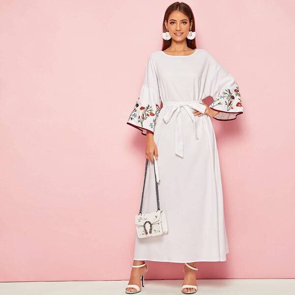 

Drop Shoulder Embroidery Detail Belted Dress, White