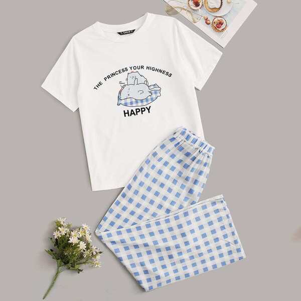 

Slogan and Cartoon Graphic Top & Plaid Pants PJ Set, Multicolor
