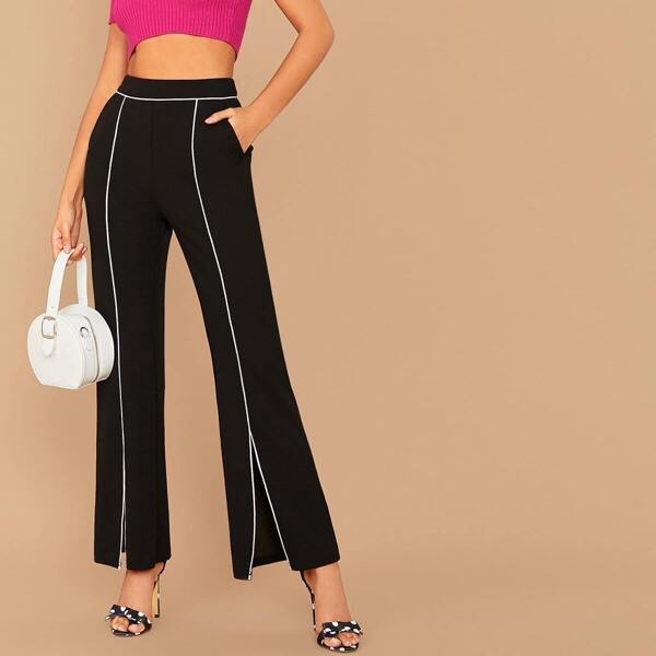 

Contrast Binding Slant Pocket Split Hem Pants, Black