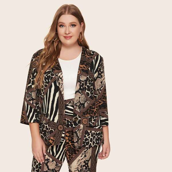 

Plus Notch Collar Animal Scarf Print Blazer, Multicolor
