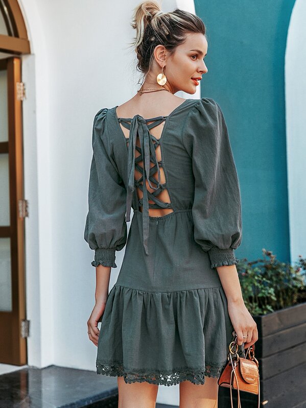 

Simplee Guipure Lace Trim Ruffle Hem Dress, Green