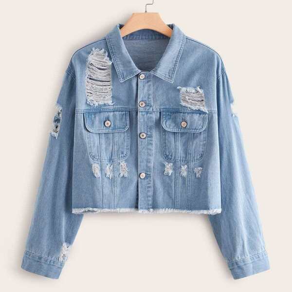 

Plus Raw Hem Ripped Crop Denim Jacket, Blue pastel