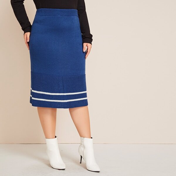 

Plus Striped Ruffle Hem Sweater Skirt, Blue