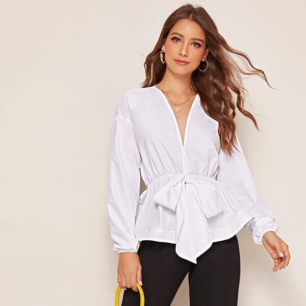 

Drop Shoulder Tie Front Peplum Top, White