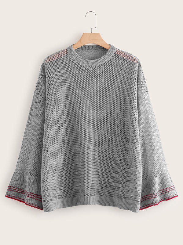 

Plus Striped Drop Shoulder Open Knit Jumper, Grey