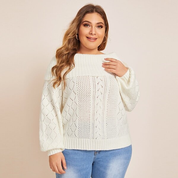 

Plus Pointelle Knit Foldover Neck Sweater, White