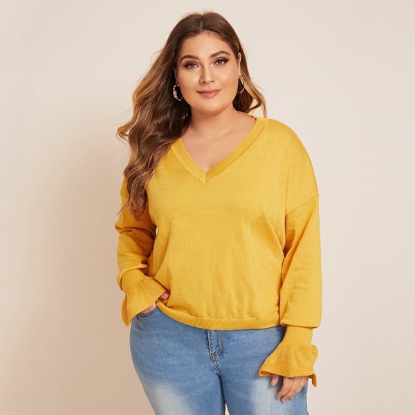 

Plus Solid Drop Shoulder Sweater, Yellow bright