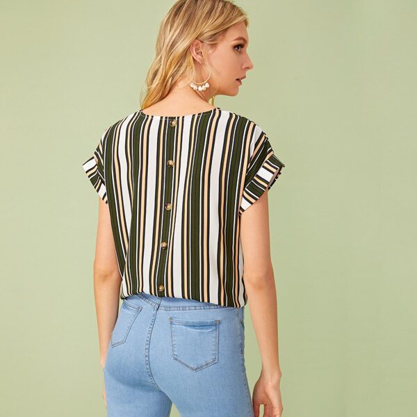 

Buttoned Back Cuffed Striped Top, Multicolor