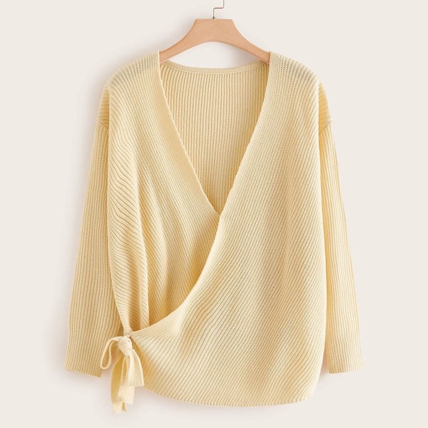 

Plus Solid Wrap Knotted Hem Sweater, Beige pastel