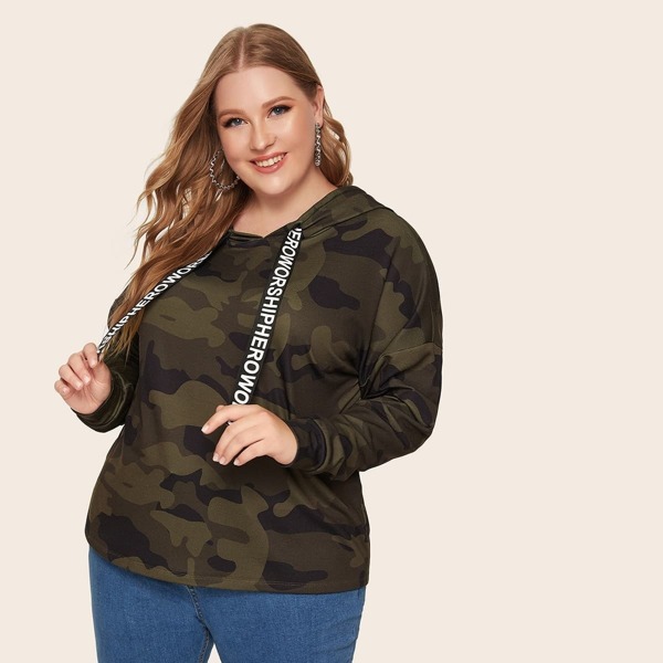

Plus Drop Shoulder Letter Tape Drawstring Camo Hoodie, Multicolor