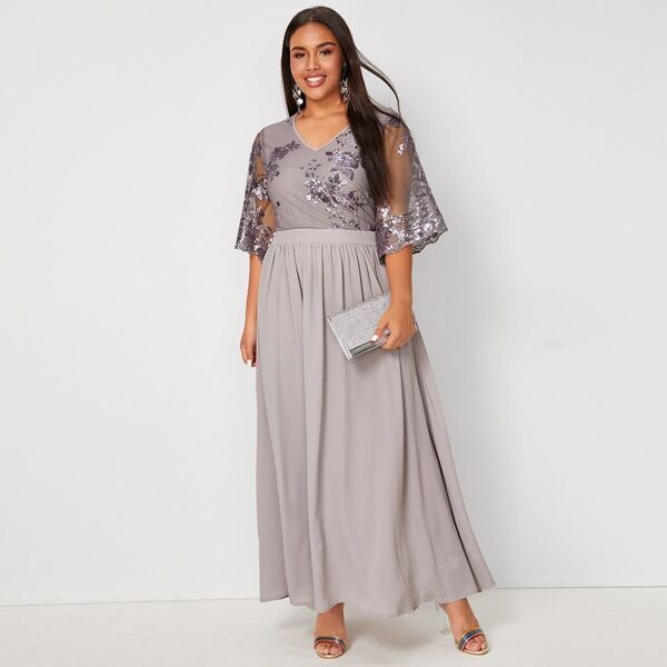 

Plus V-neck Contrast Sequin Flare Dress, Grey