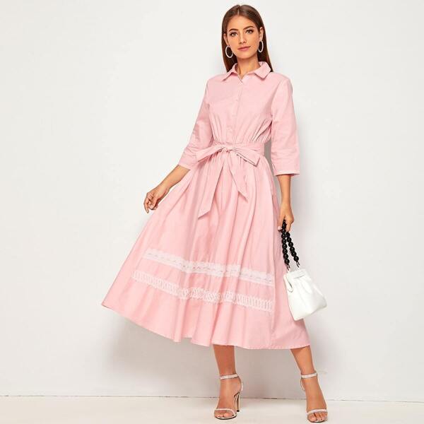 

Contrast Guipure Lace Belted Shirt Dress, Pink pastel