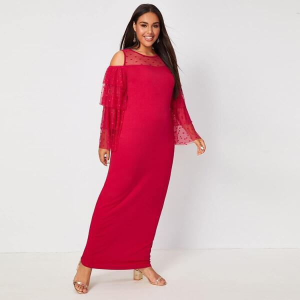 

Plus Cold Shoulder Dobby Mesh Yoke Layered Sleeve Dress, Red bright