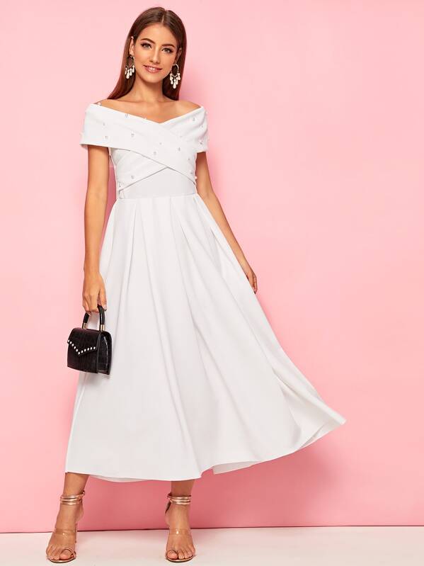 

Pearls Beaded Crisscross Front Boxy Pleated Dress, White, Debi Cruz