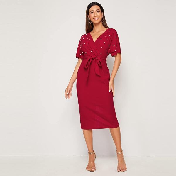 

Surplice Wrap Belted Pearls Beaded Dress, Red bright
