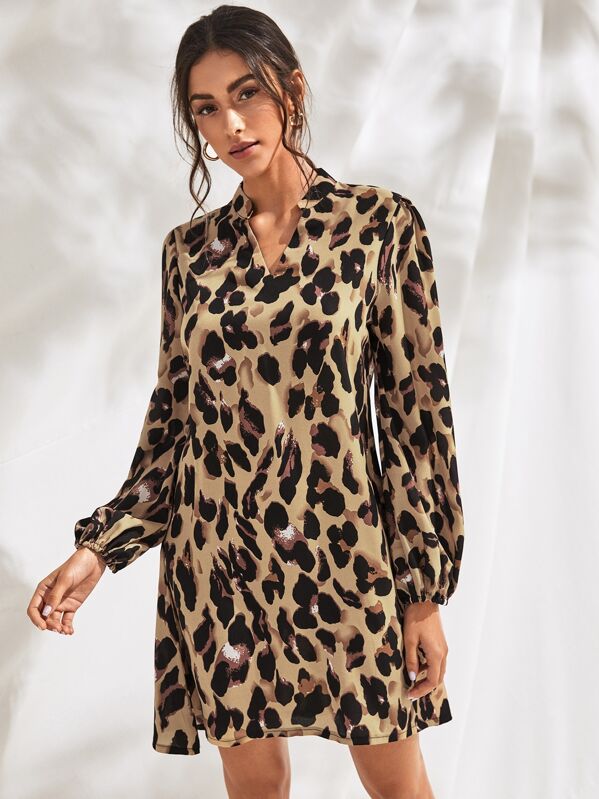 

Cheetah Print Notch Neck Shirt Dress, Multicolor, Vikie