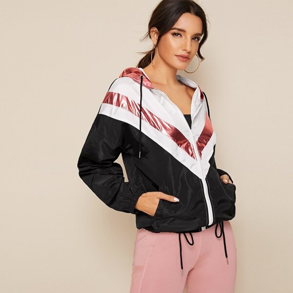 

Cut And Sew Panel Drawstring Windbreaker Jacket