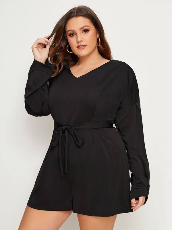 

Plus Drop Shoulder Belted Romper, Black, Gabriela