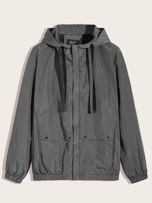 

Men Drawstring Hooded Windbreaker Jacket, Grey