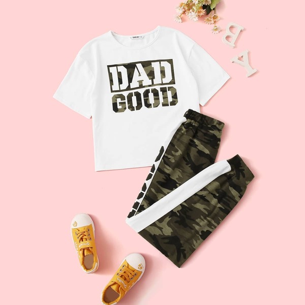 

Girls Camo & Slogan Print Tee and Contrast Sideseam Sweatpants Set, Multicolor
