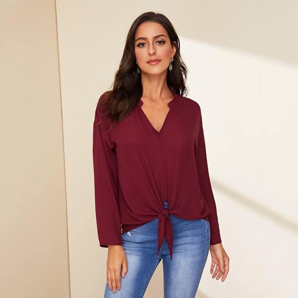 

Notch Neck Tie Hem Solid Top, Burgundy