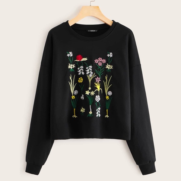 

Embroidered Botanical Detail Pullover, Black