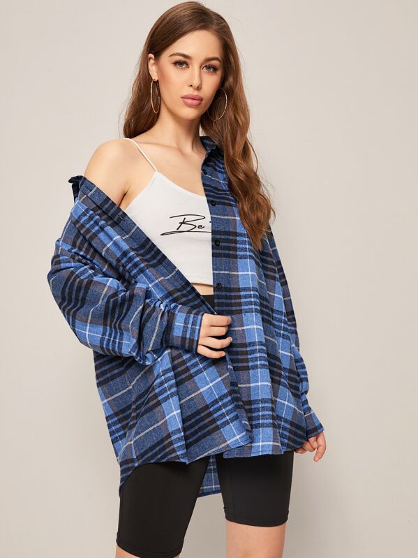 

Plaid Print Button Front Overshirt, Blue, Sonya