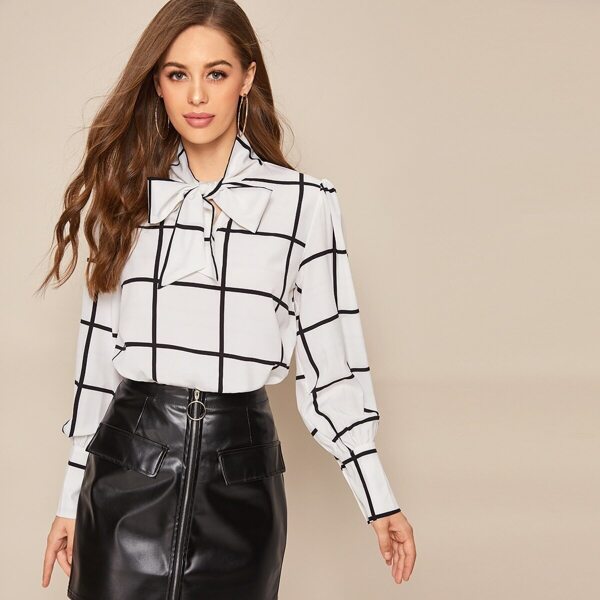 

Tie Neck Puff Sleeve Grid Print Blouse