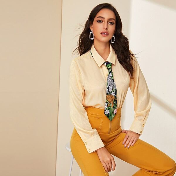 

Button Front Tie Neck Blouse