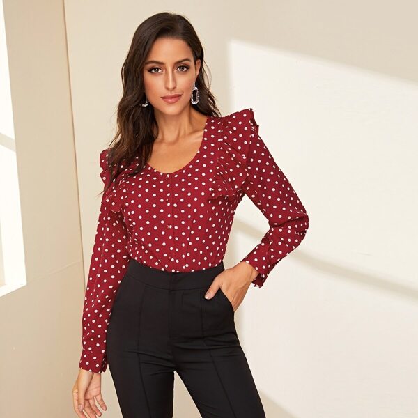 

Polka Dot Ruffle Trim Blouse, Red