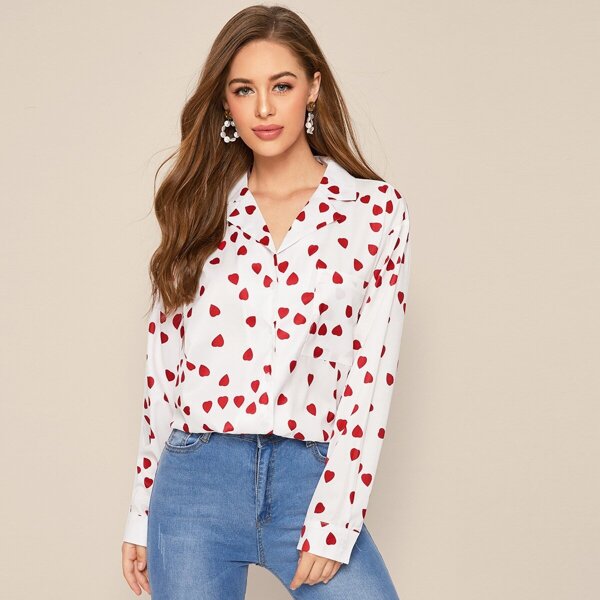 

Confetti Heart Print Lapel Neck Blouse, White