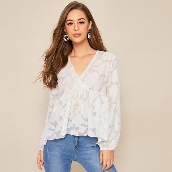 

Surplice Neck Sheer Peplum Blouse, White