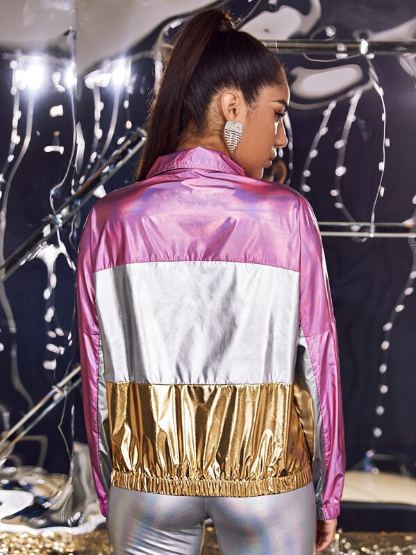 

Cut And Sew Zip Up Metallic Windbreaker Jacket