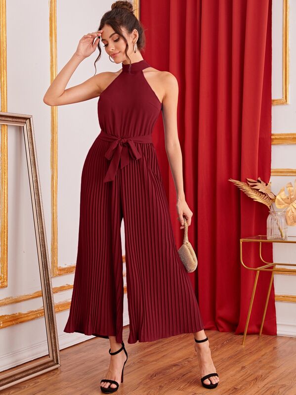 

Tie Back Pleated Wide Leg Belted Halter Jumpsuit, Burgundy, Carol A