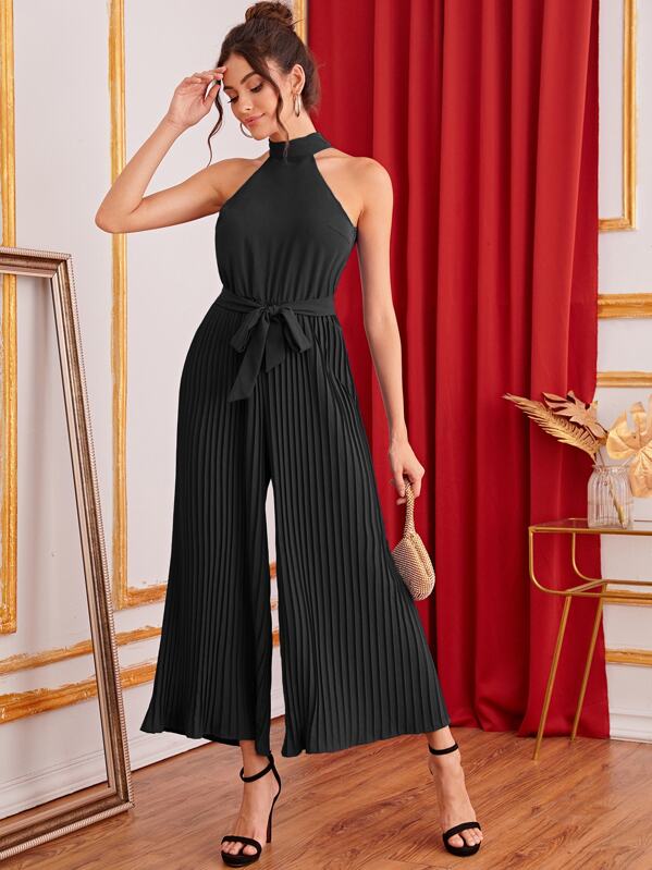 

Tie Back Pleated Wide Leg Belted Halter Jumpsuit, Black, Carol A