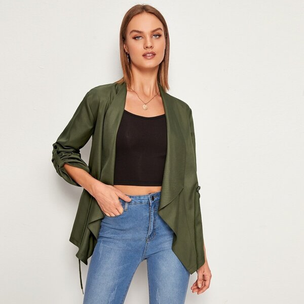 

Waterfall Collar Roll Tab Sleeve Drawstring Coat, Army green