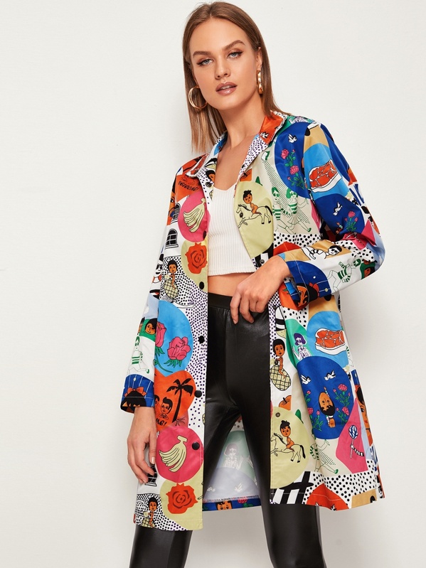 

Allover Comic Print Button Front Coat, Multicolor, Rasa