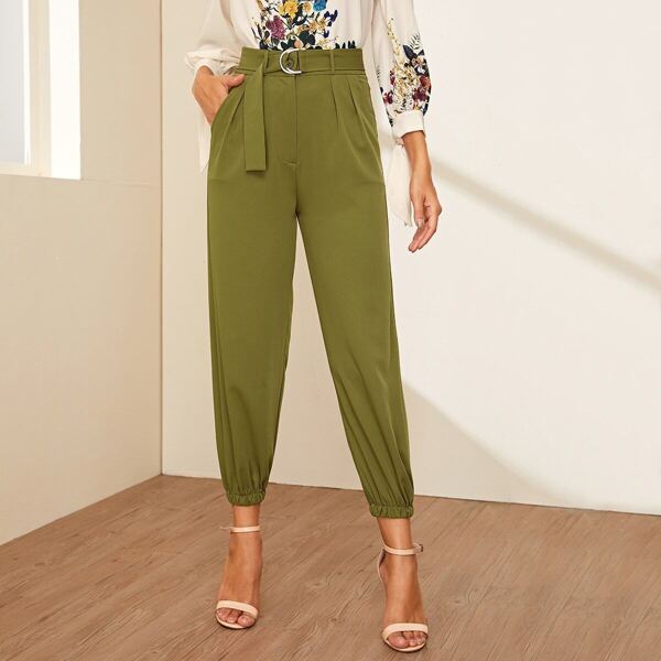 

Pocket Side Belted Crop Carrot Pants, Army green