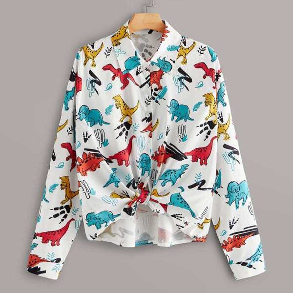 

Plus Dinosaur Print Twist Front Blouse, Multicolor