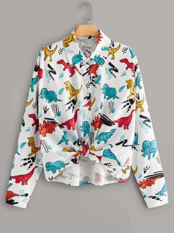 

Plus Dinosaur Print Twist Front Blouse, Multicolor